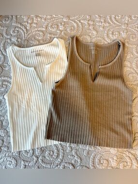 American Eagle Outfitters Ribbed Notch-Neck Tank Tops in White & Brown